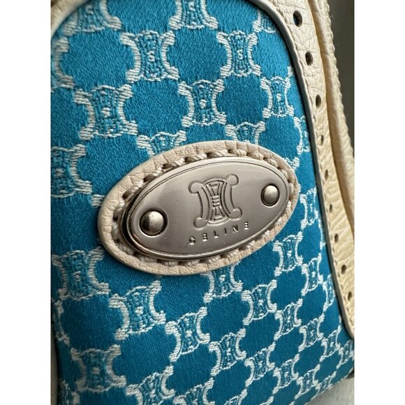 Céline Macadam Canvas Cream Leather Hand Bag Aquamarine Blue Purse - Picture 7 of 15